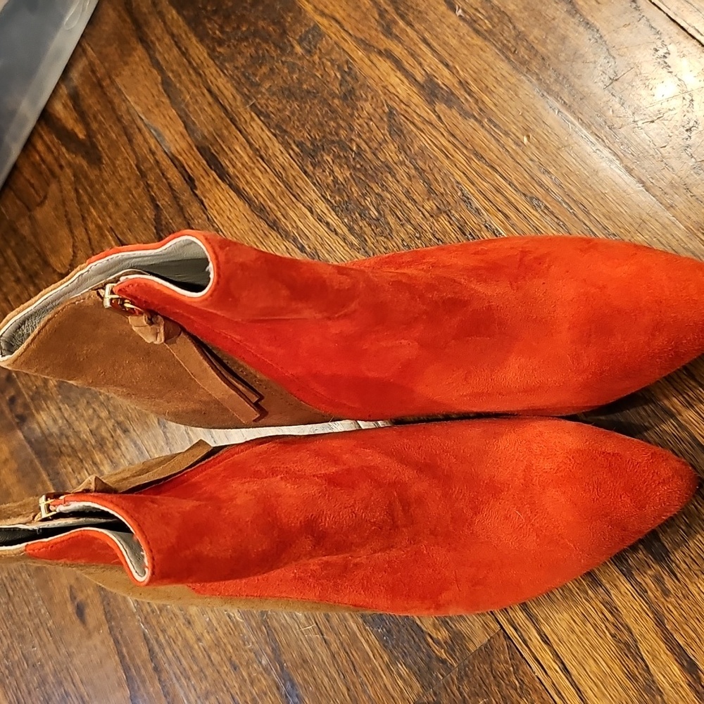 Boden Red and Tan Heeled Boots with Almond Toe